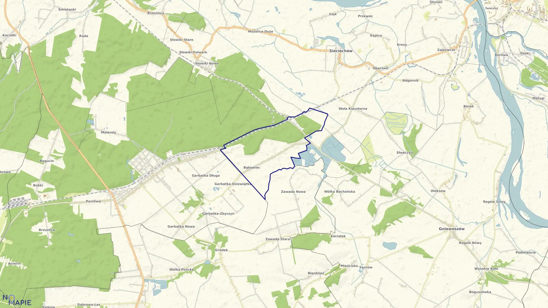 Mapa obrębu Bąkowiec-Wieś w gminie Garbatka-Letnisko